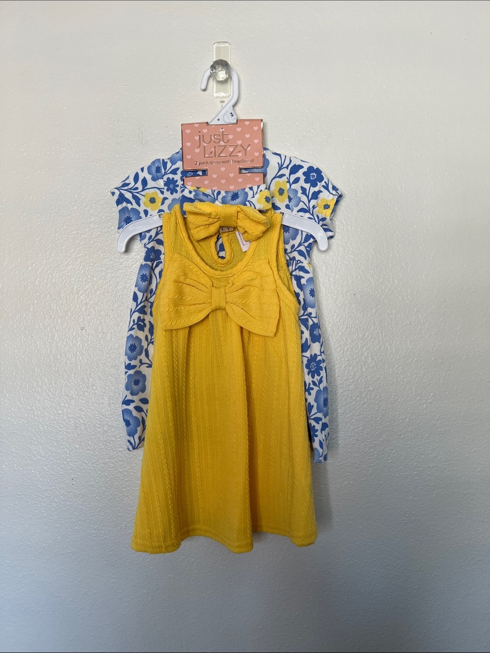 NWT Just Lizzy set of 2 Girls' Yellow Bow Knit Dress and Blue Floral Dress w/Bow